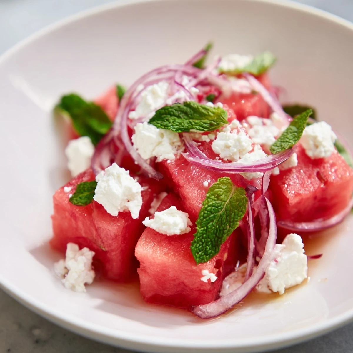 Summer-ready Pink Watermelon Salad tossed with cucumber, lime dressing, and feta, paired with a glass of rosé.