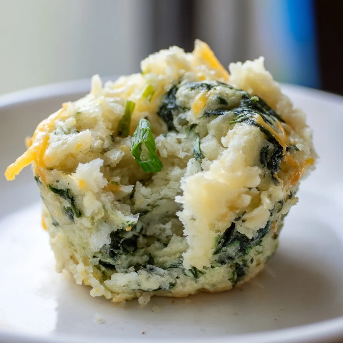 Freshly baked St. Patricks Day Spinach Muffins with melted cheddar, served on a festive plate for breakfast.