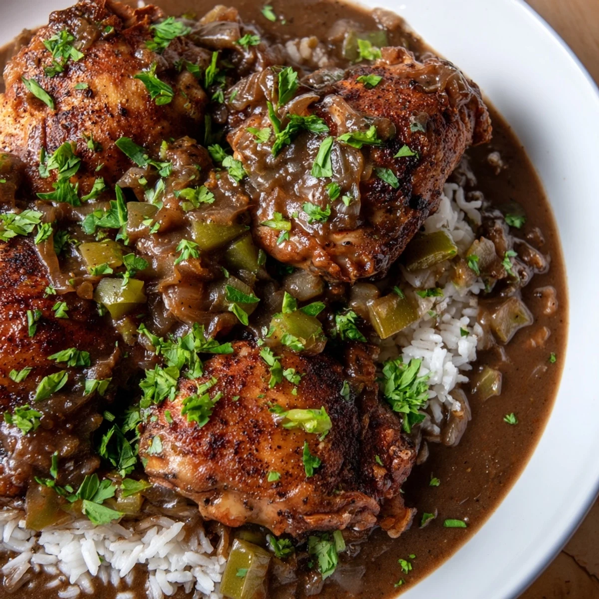 Golden-brown chicken pieces simmering in a rich, dark Cajun roux with bell peppers and onions, ready to be served over fluffy white rice.