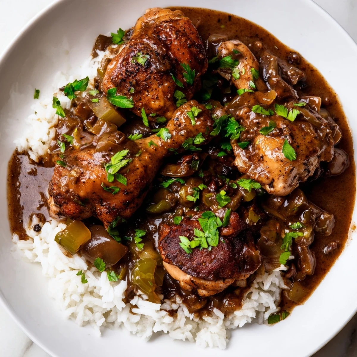 A hearty bowl of Louisiana Style Chicken Fricassee featuring tender chicken in a savory, spicy gravy, garnished with fresh parsley for a vibrant touch.