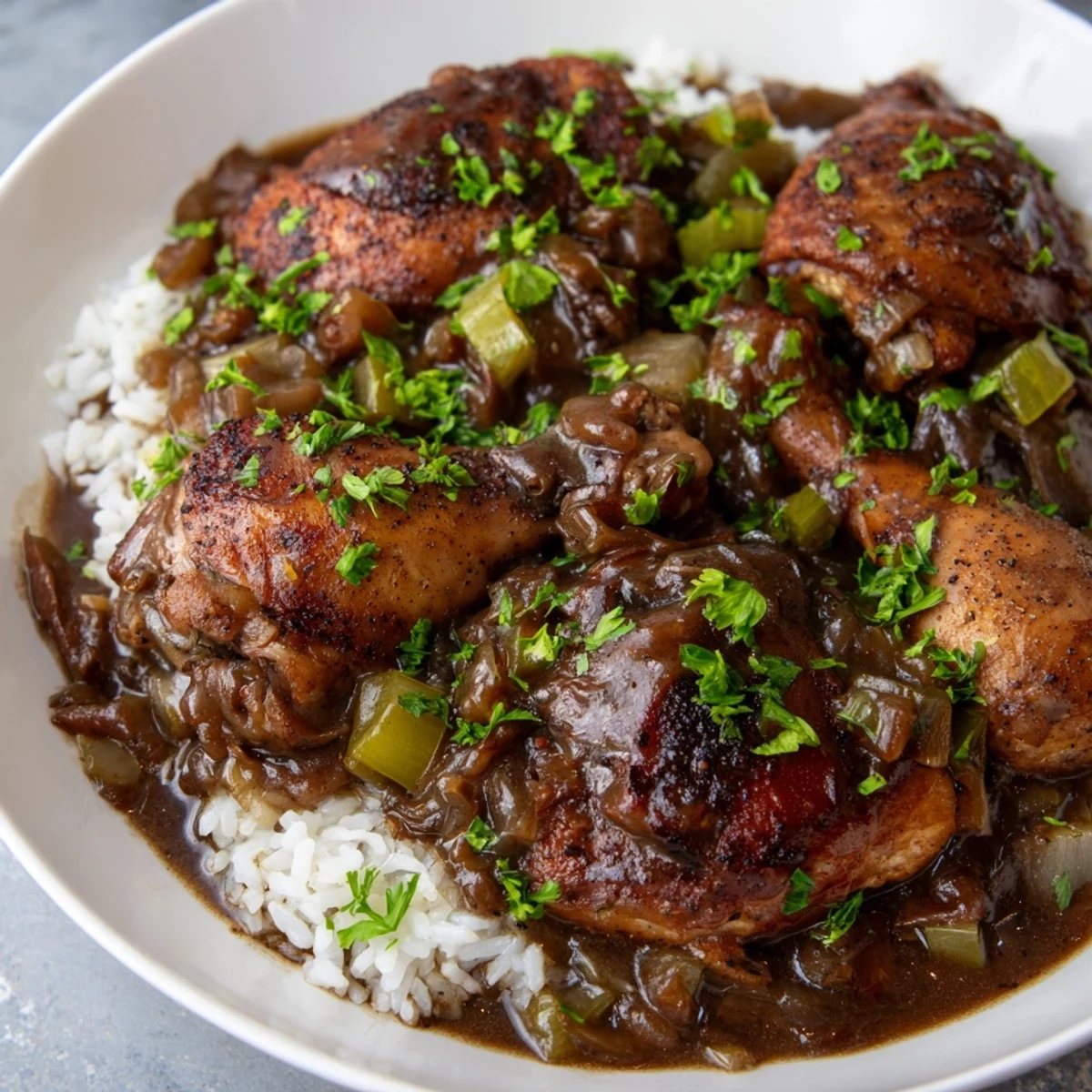 Close-up view of succulent, bone-in chicken smothered in a deep chocolate-colored roux sauce, paired with aromatic Cajun vegetables and steaming white rice.