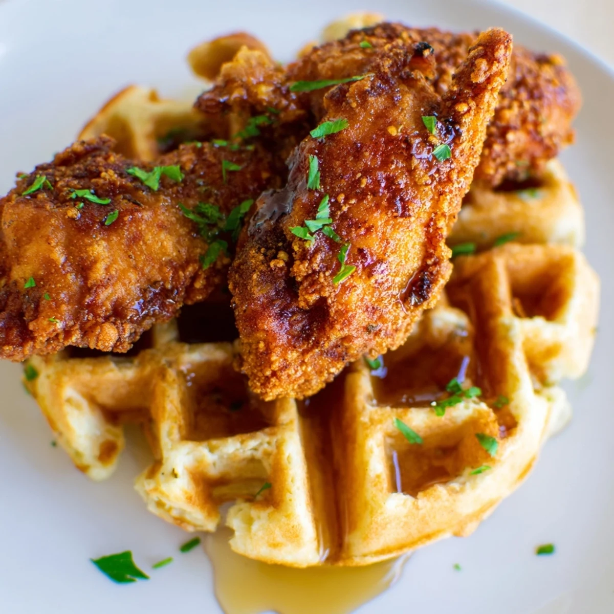 Golden-brown Cajun Chicken and Waffles served hot, spicy fried thigh beside a buttermilk waffle, ready for brunch or a comforting family meal.