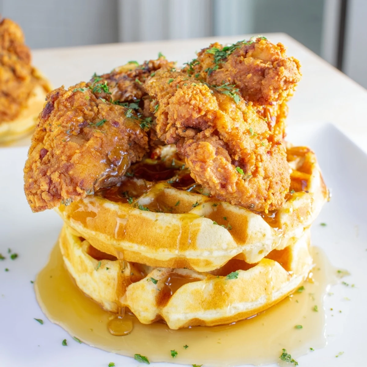 Cajun Chicken and Waffles topped with maple syrup, golden crispy fried chicken on a fluffy Belgian waffle for a Southern dinner.
