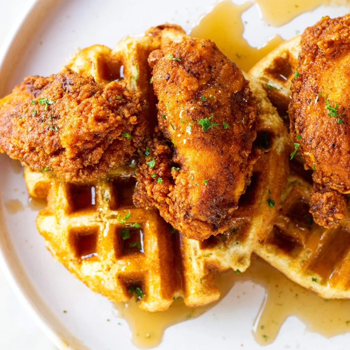 Close-up of Cajun Chicken and Waffles drizzled with syrup, showing crispy breading and tender chicken, a Southern comfort food favorite.