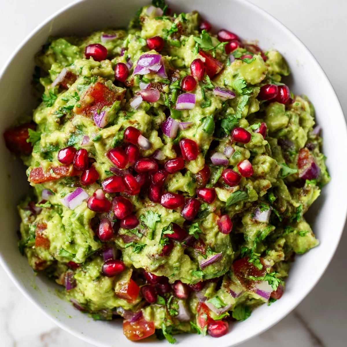 Close-up of freshly made Touchdown Spicy Guacamole in a rustic serving bowl, showcasing chunky avocado, diced tomatoes, and cilantro.
