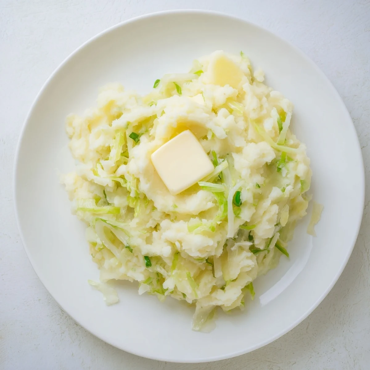 Creamy Irish Cabbage and Potato Mash with melted butter, tender green cabbage, and fresh scallions in a rustic white bowl.