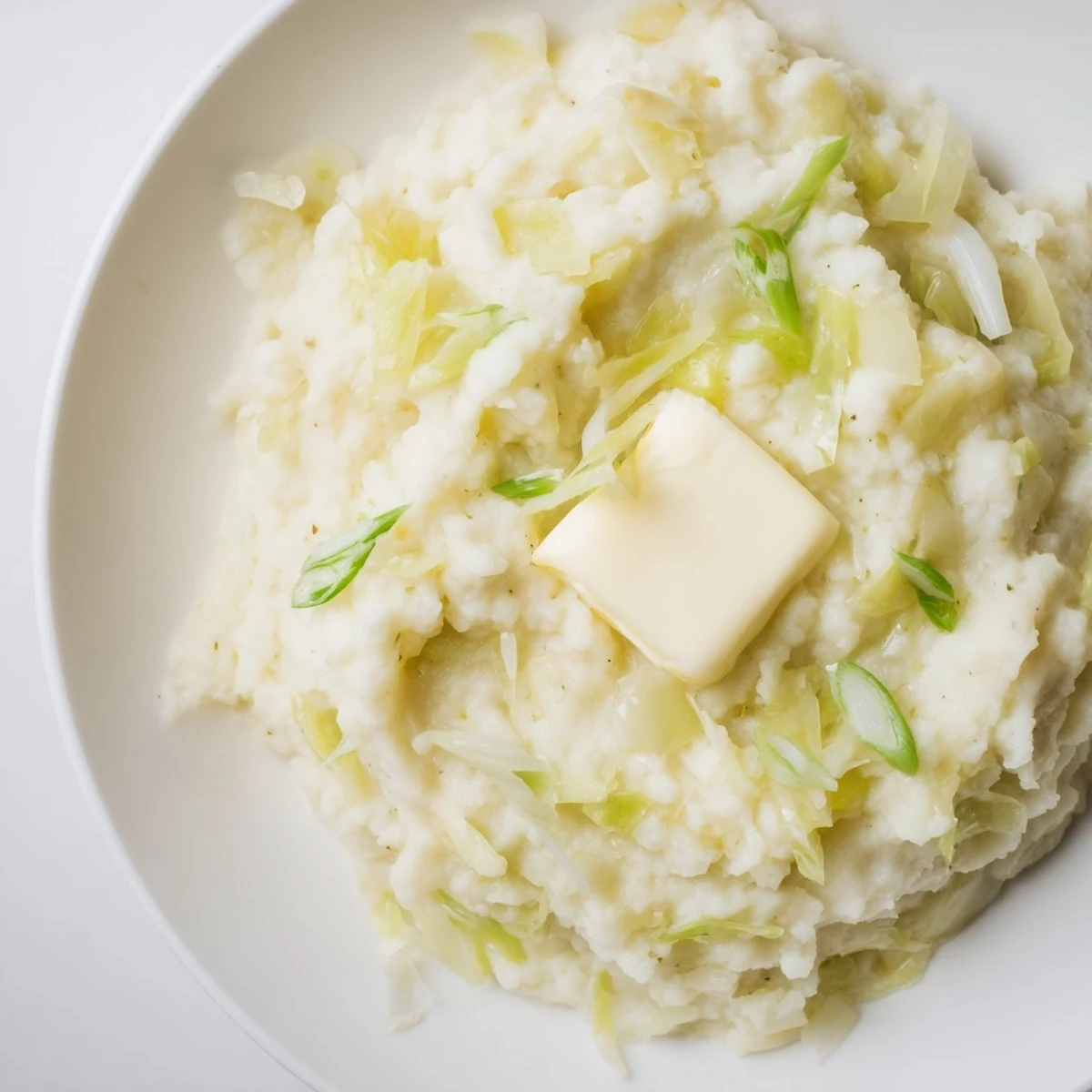 A close-up of fluffy Irish Cabbage and Potato Mash, highlighting soft texture and flecks of sliced scallions on top.