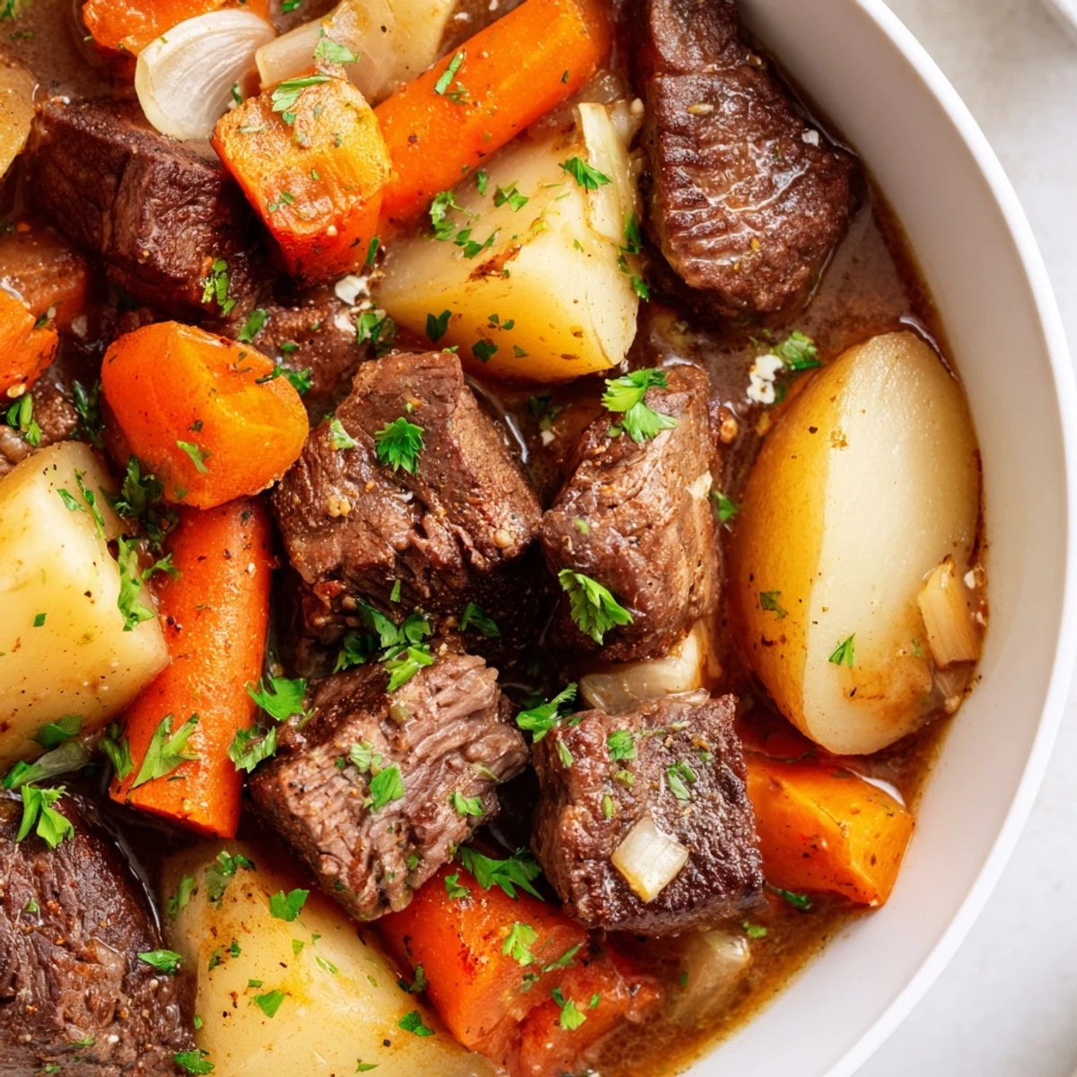 Slow-simmered St. Patrick's Day Irish Beef Stew with tender beef chunks and hearty root vegetables.