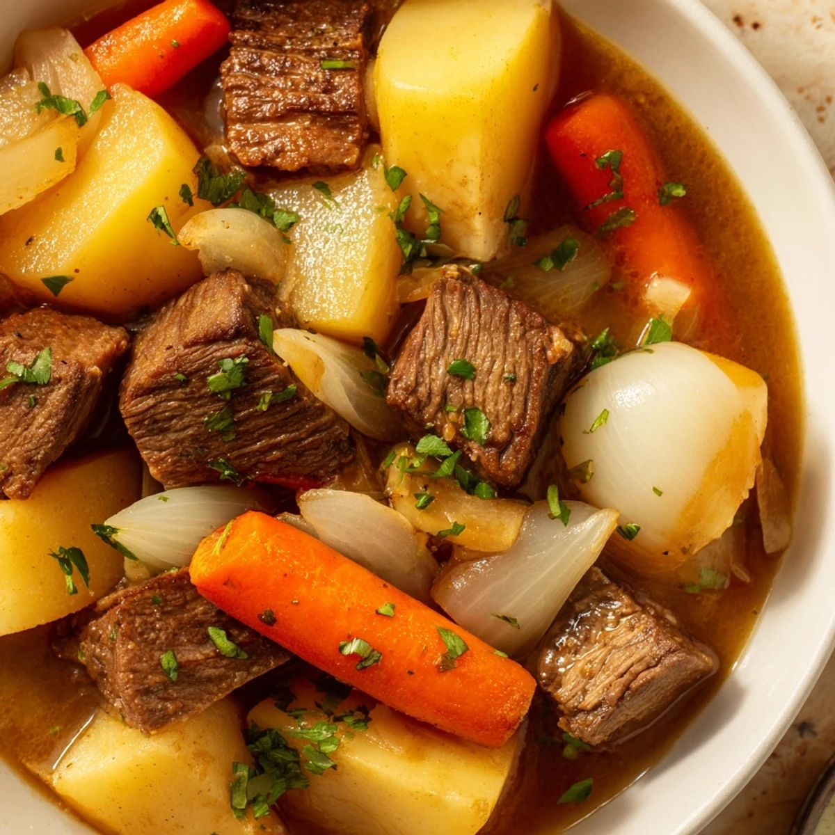 Homemade St. Patrick's Day Irish Beef Stew garnished with fresh parsley in a rustic bowl.