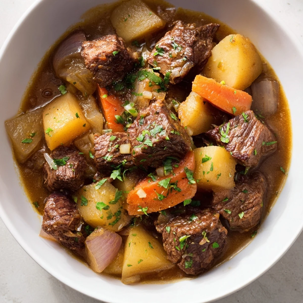 A warm bowl of St. Patrick's Day Irish Beef Stew served with crusty bread for dipping.