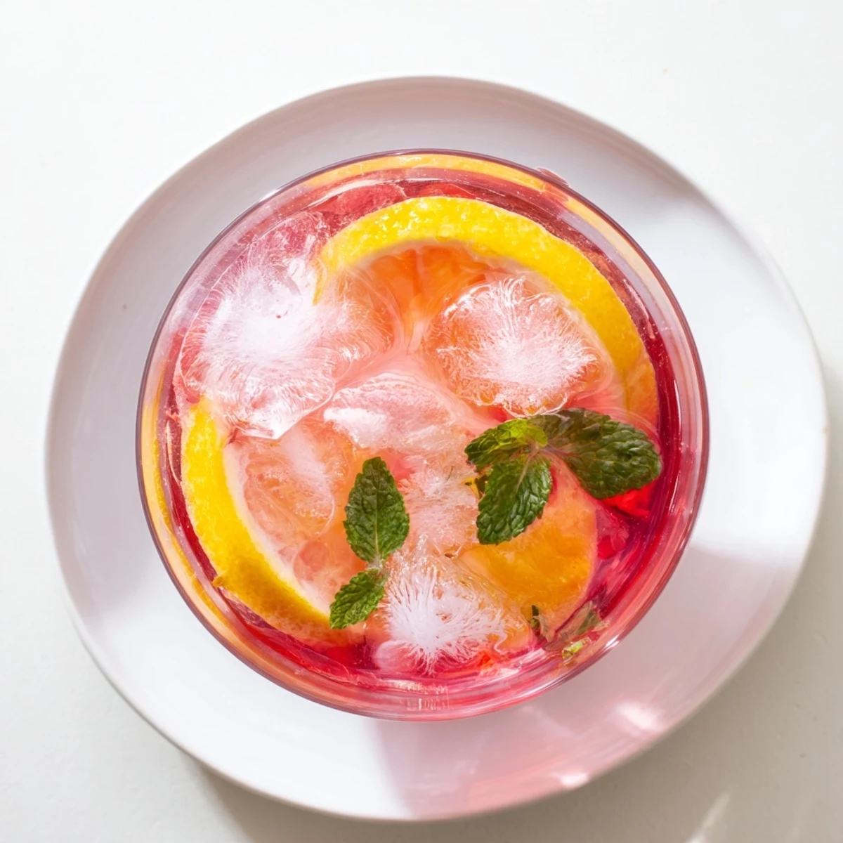 A close-up of Pink Hibiscus Iced Tea in a tall glass, garnished with fresh mint and lemon slices, condensation glistening on the surface.