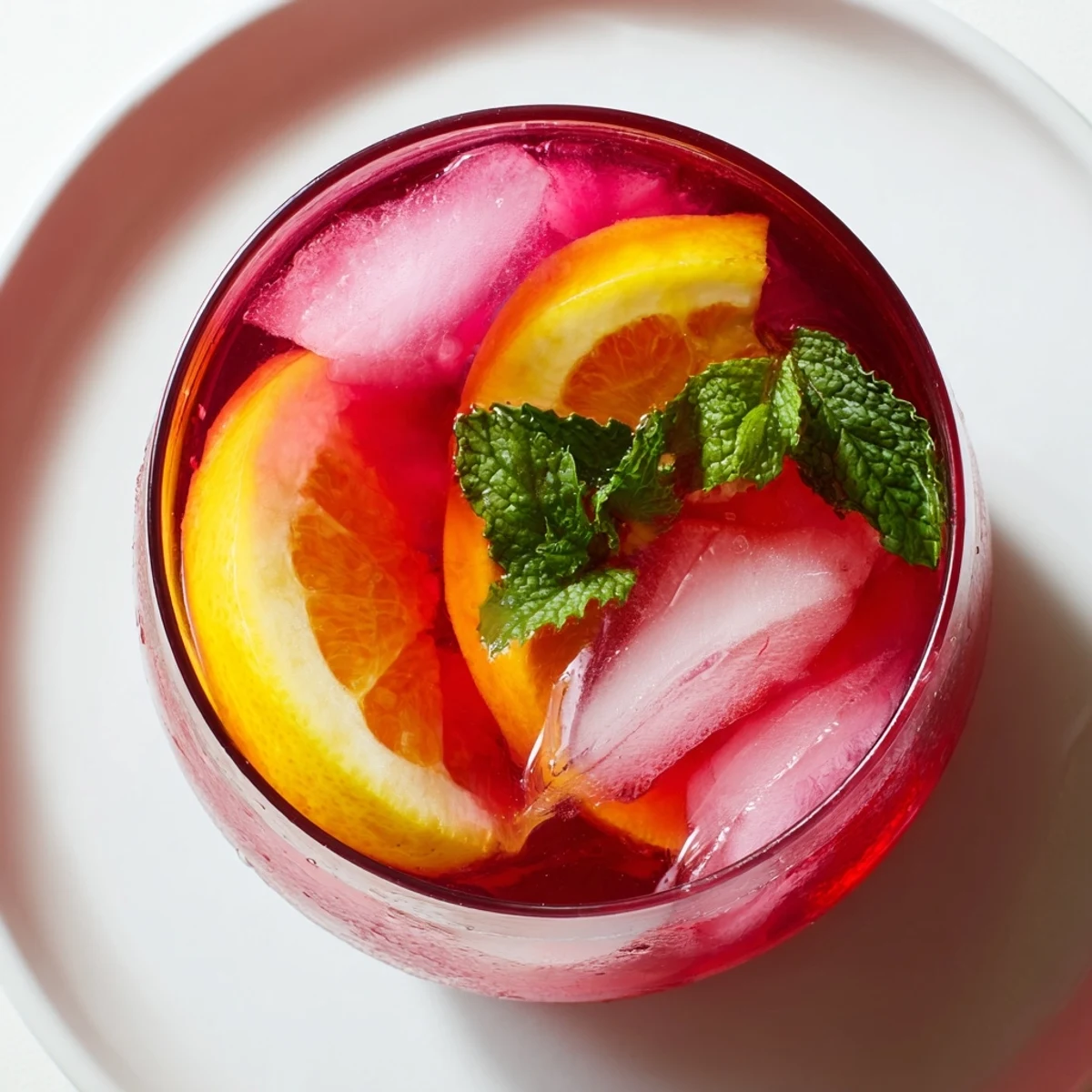 Overhead view of Pink Hibiscus Iced Tea in a glass with a striped straw, showcasing its ruby-red hue and fresh mint garnish.