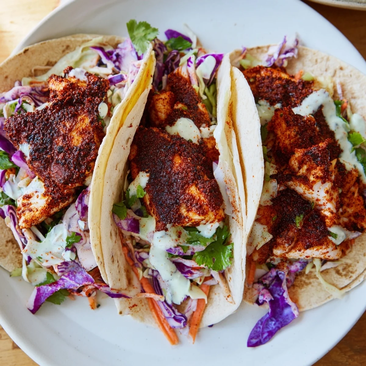 Sizzling Cajun-spiced fish nestled in soft corn tortillas with vibrant slaw and fresh cilantro.