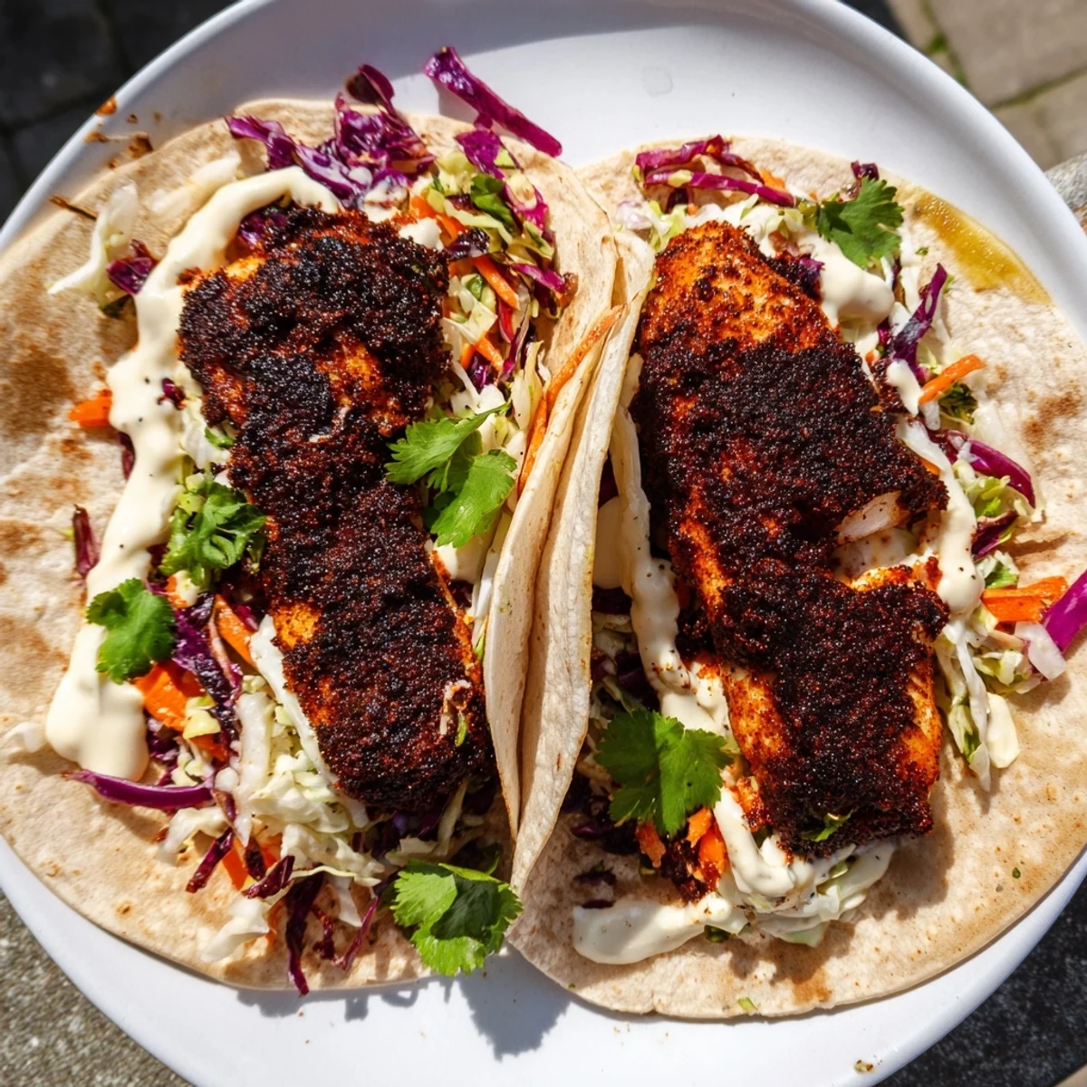 Two golden-brown Louisiana Blackened Fish Tacos topped with crunchy slaw and drizzled with crema.
