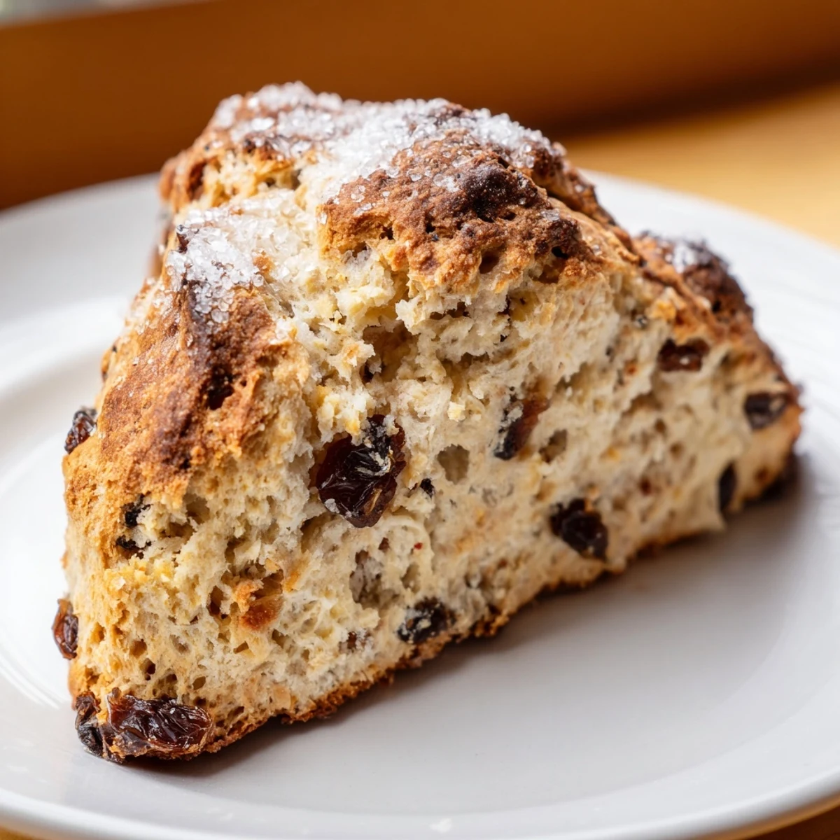 Freshly baked Irish Soda Bread Scones studded with raisins and brushed with buttermilk on a baking sheet.  