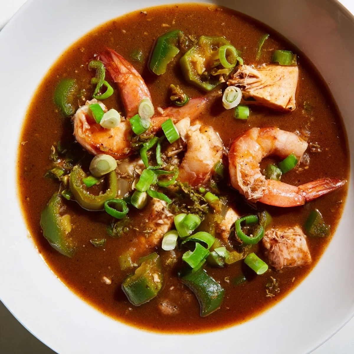 Served over white rice, this hearty Louisiana Creole Seafood Gumbo with Okra showcases andouille sausage and a medley of aromatic vegetables.  