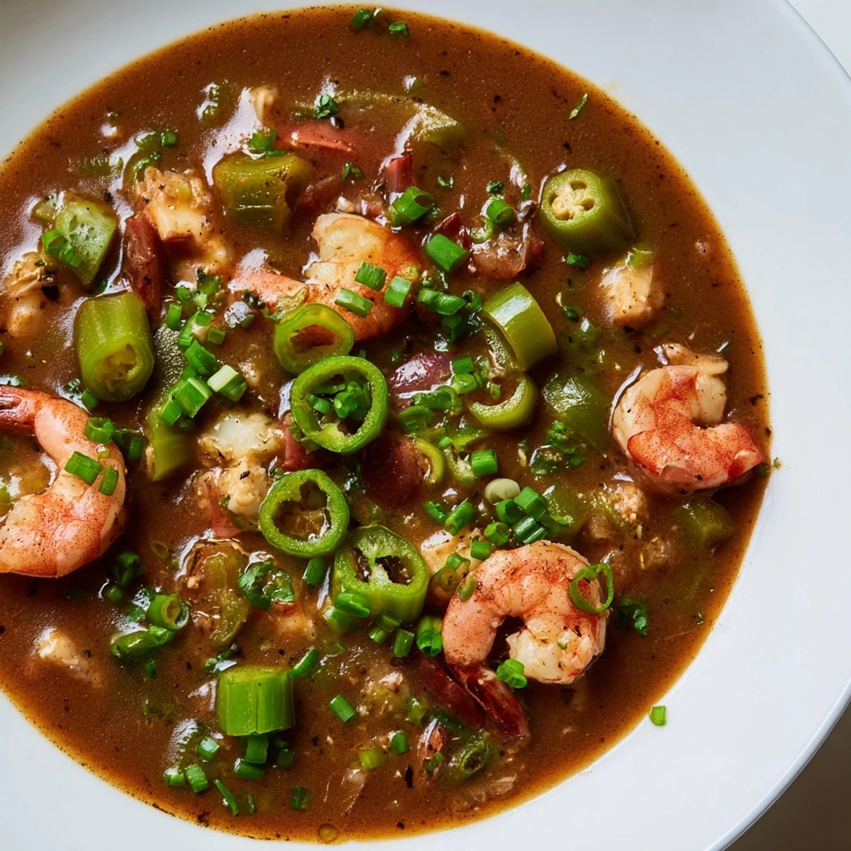 A steaming bowl of Creole Seafood Gumbo with Okra features plump shrimp, crab, and flaky fish nestled in a rich, dark roux broth with tender okra slices.  