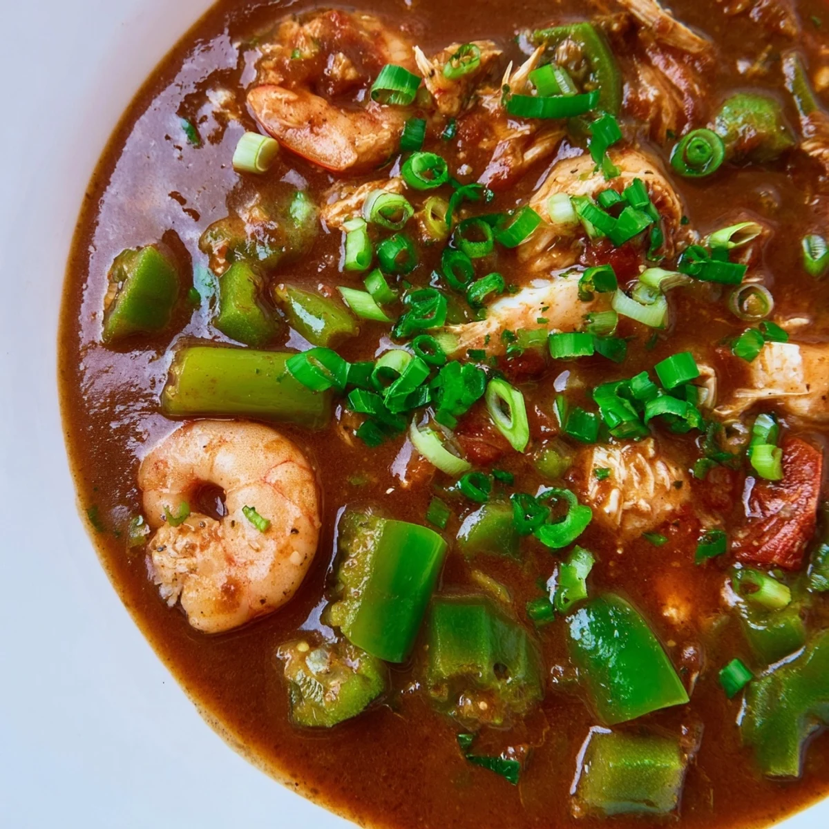 A ladle lifts a generous portion of Creole Seafood Gumbo with Okra, revealing chunks of seafood, smoked sausage, and fresh herbs in a spicy broth.