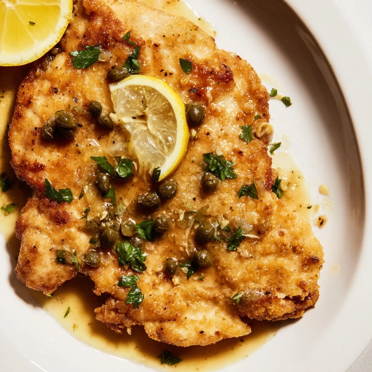 Tender chicken breasts in a bright lemon-butter sauce with briny capers, perfect for an intimate dinner.