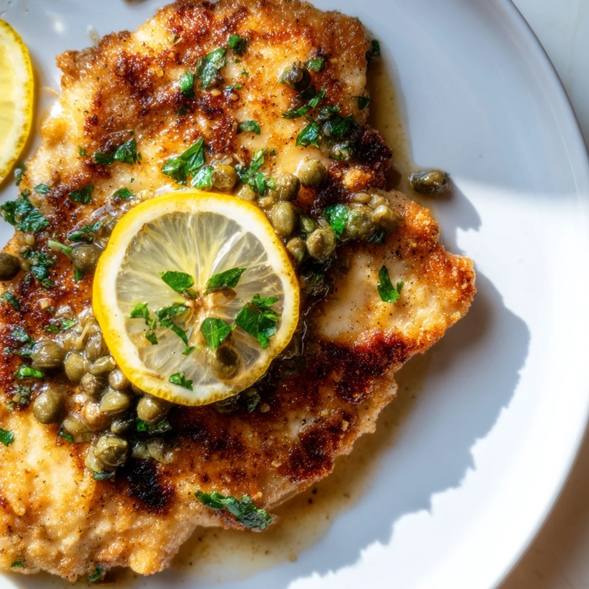 Golden-brown Date Night Chicken Piccata with capers and parsley garnish, served alongside angel hair pasta.