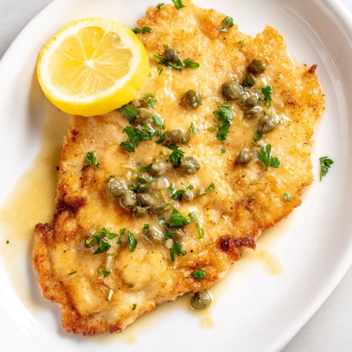 Pan-seared Date Night Chicken Piccata featuring a glossy sauce with lemon slices and fresh parsley garnish.