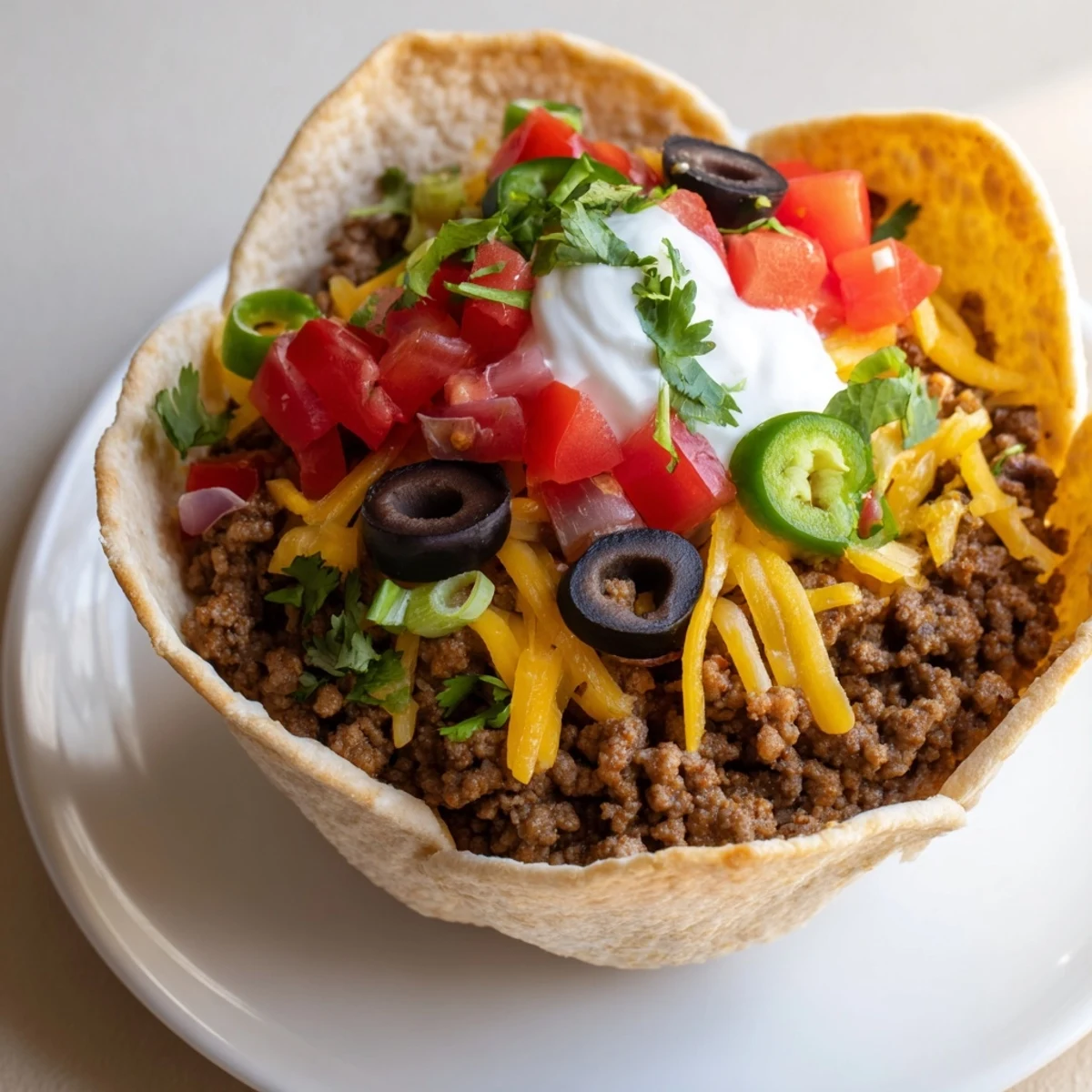 Golden-brown, crispy tortilla cups brimming with seasoned ground beef and melted cheddar cheese.