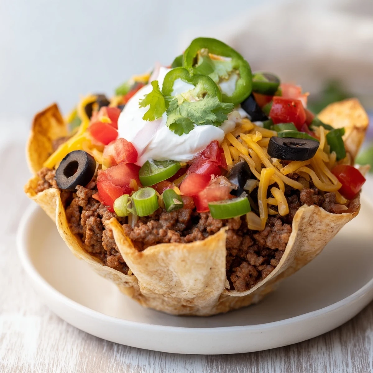 Freshly baked Touchdown Taco Cups topped with sour cream, tomatoes, and green onions.