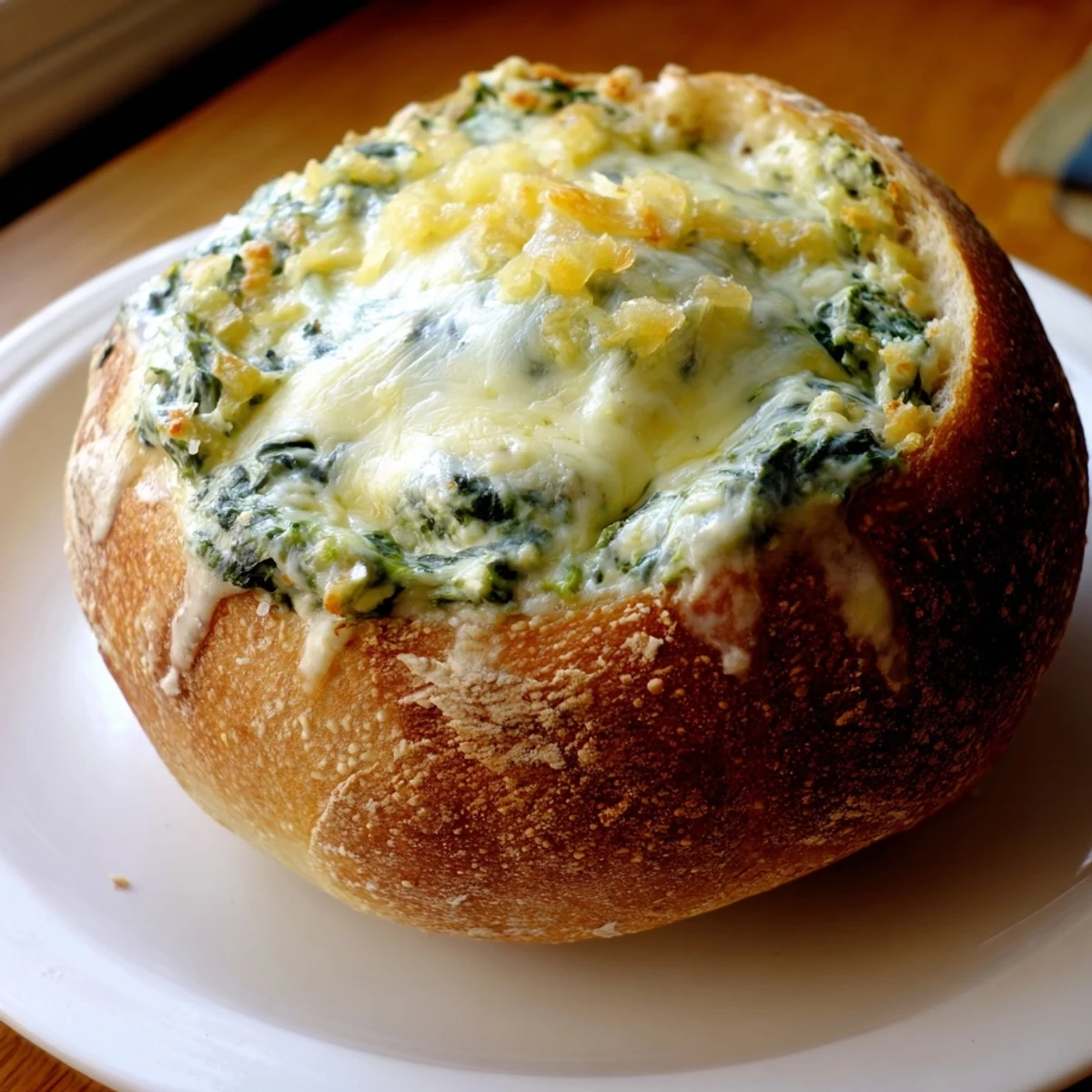 Golden baked spinach dip in a round bread bowl, served with reserved bread cubes and veggies.
