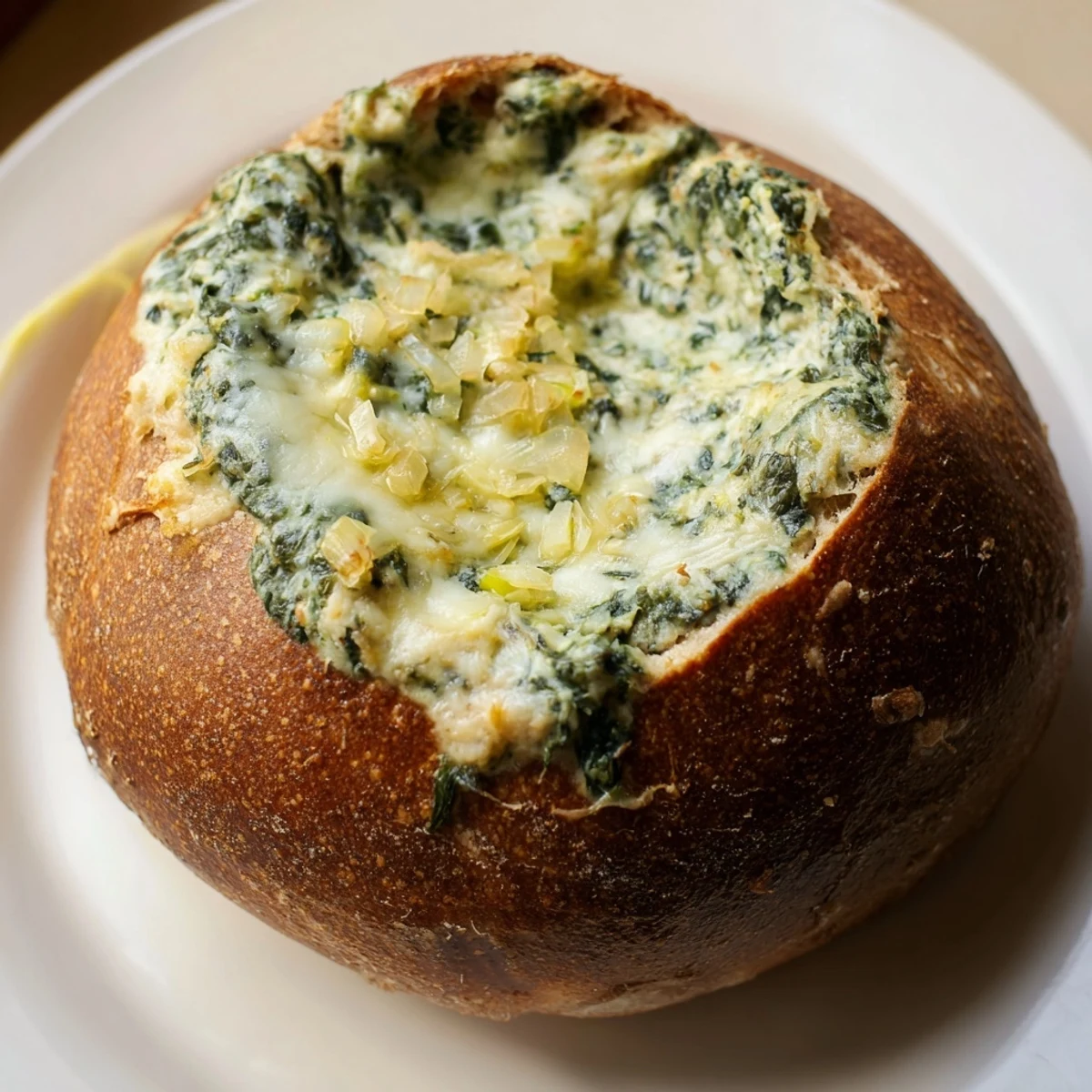 A creamy, cheesy spinach dip in a rustic bread bowl, ideal for game day snacking and sharing.