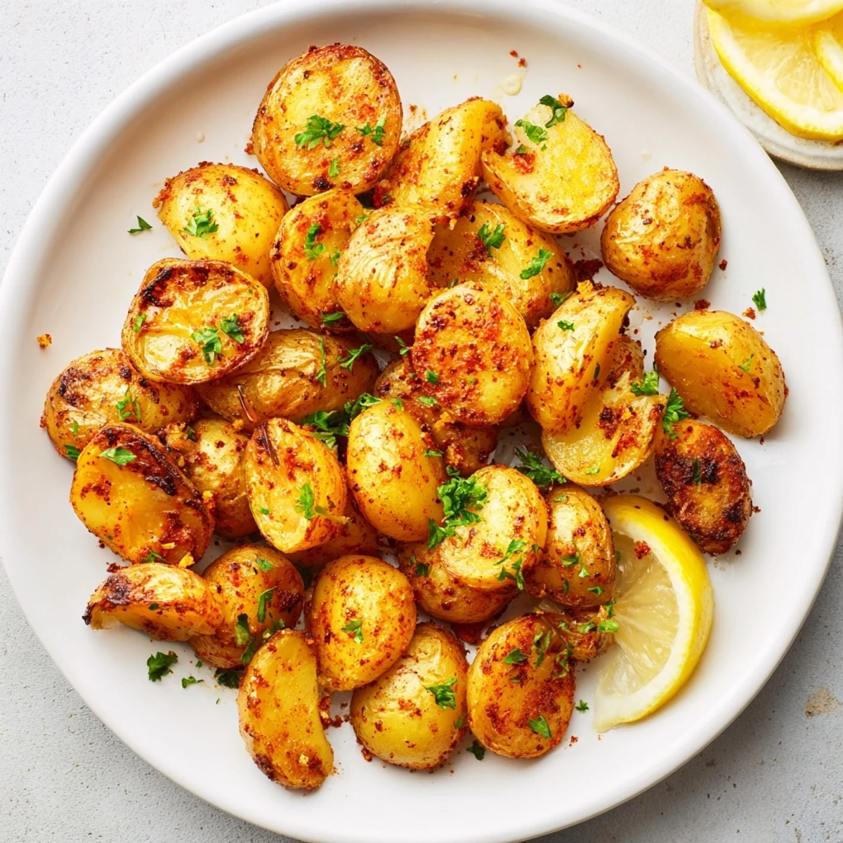Golden brown Cajun Spiced Roasted Potatoes with crispy edges and fresh parsley garnish on a rustic wooden board.
