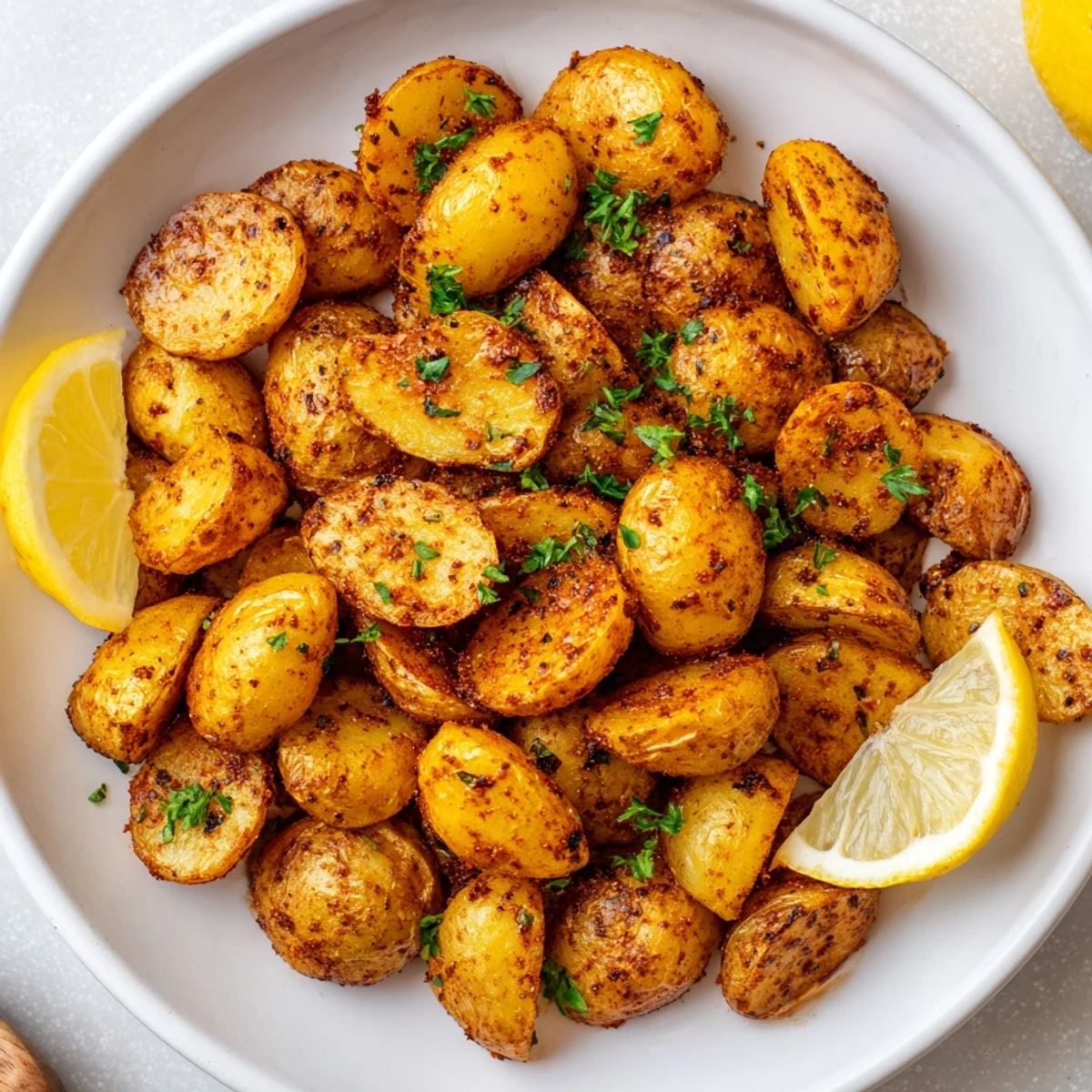 Spicy Cajun Spiced Roasted Potatoes served with lemon wedges, ideal for pairing with grilled steak or chicken.