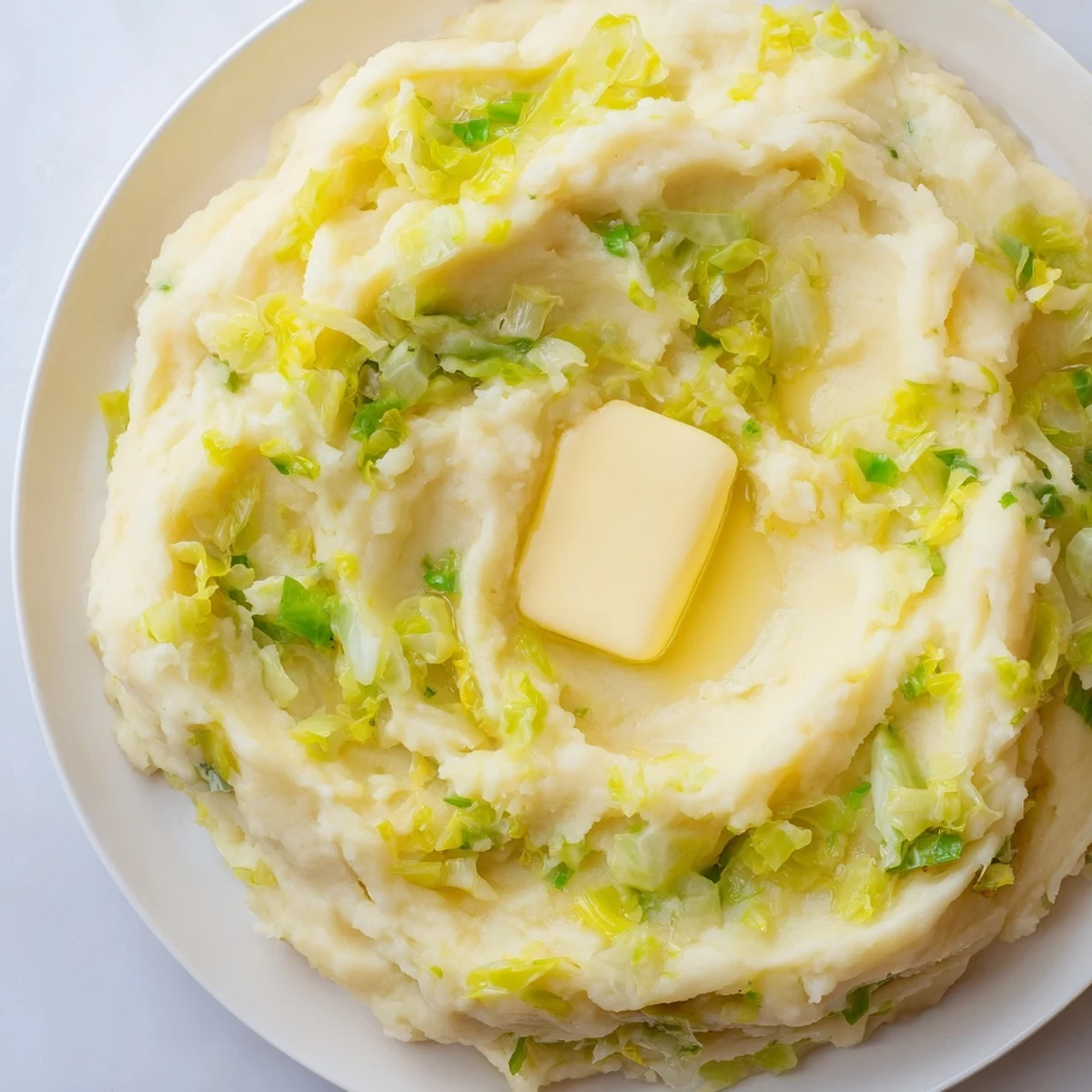 Golden Irish Colcannon Mashed Potatoes glistening with melted butter in a rustic serving bowl.