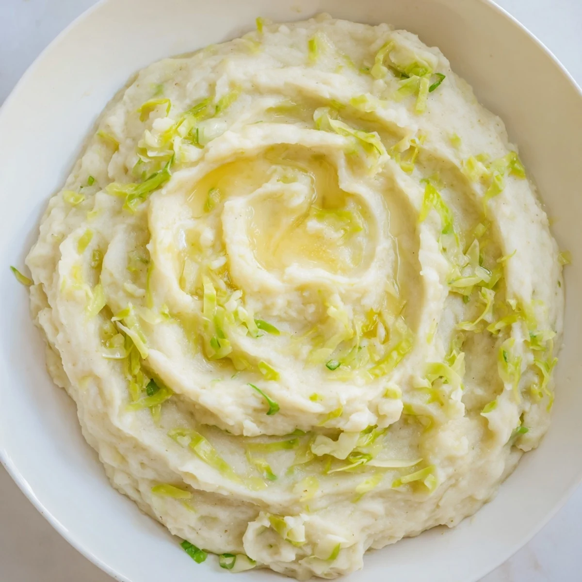 Creamy vegetarian Colcannon Mashed Potatoes served warm with a pat of butter for the table.