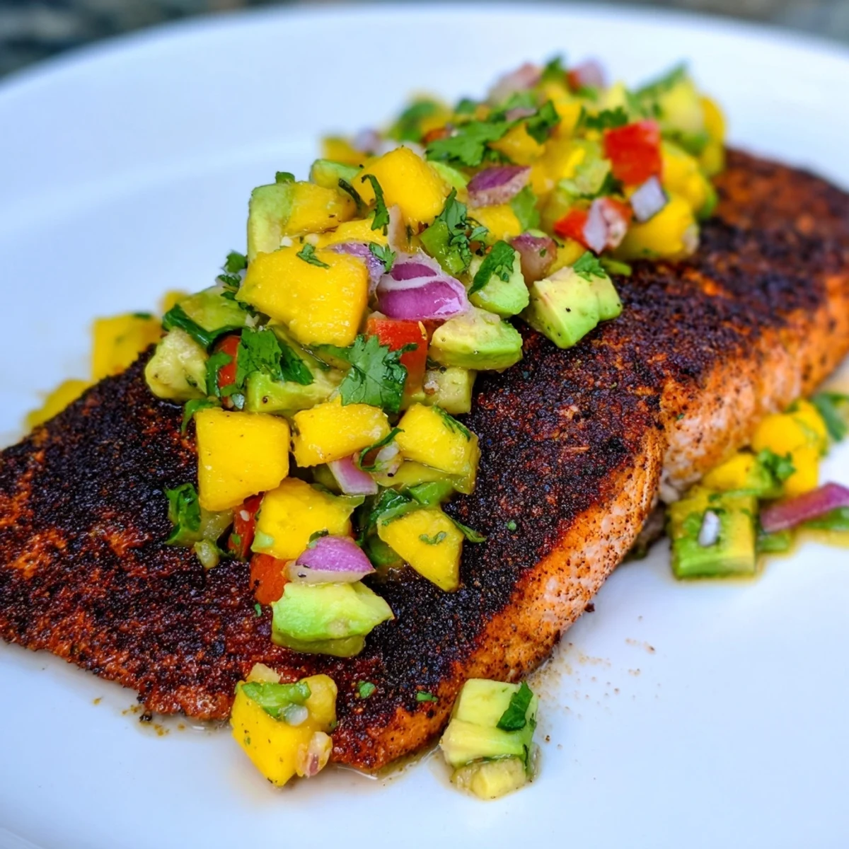 Perfectly seared blackened salmon fillet topped with vibrant mango avocado salsa, served over fluffy rice.