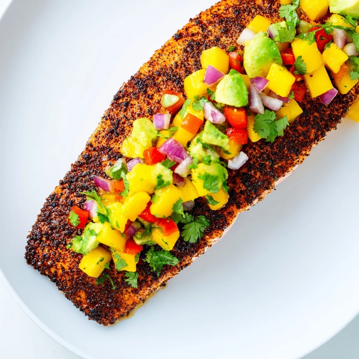 A close-up of spice-crusted blackened salmon with colorful mango avocado salsa garnished with fresh cilantro.