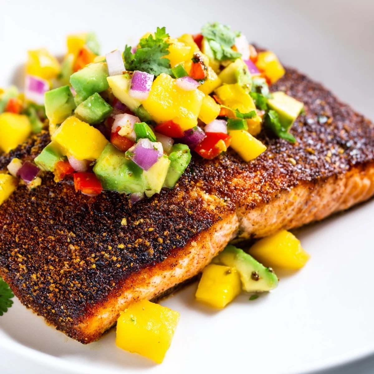 Blackened salmon with mango avocado salsa resting on a plate, featuring bright citrus and jalapeño notes.