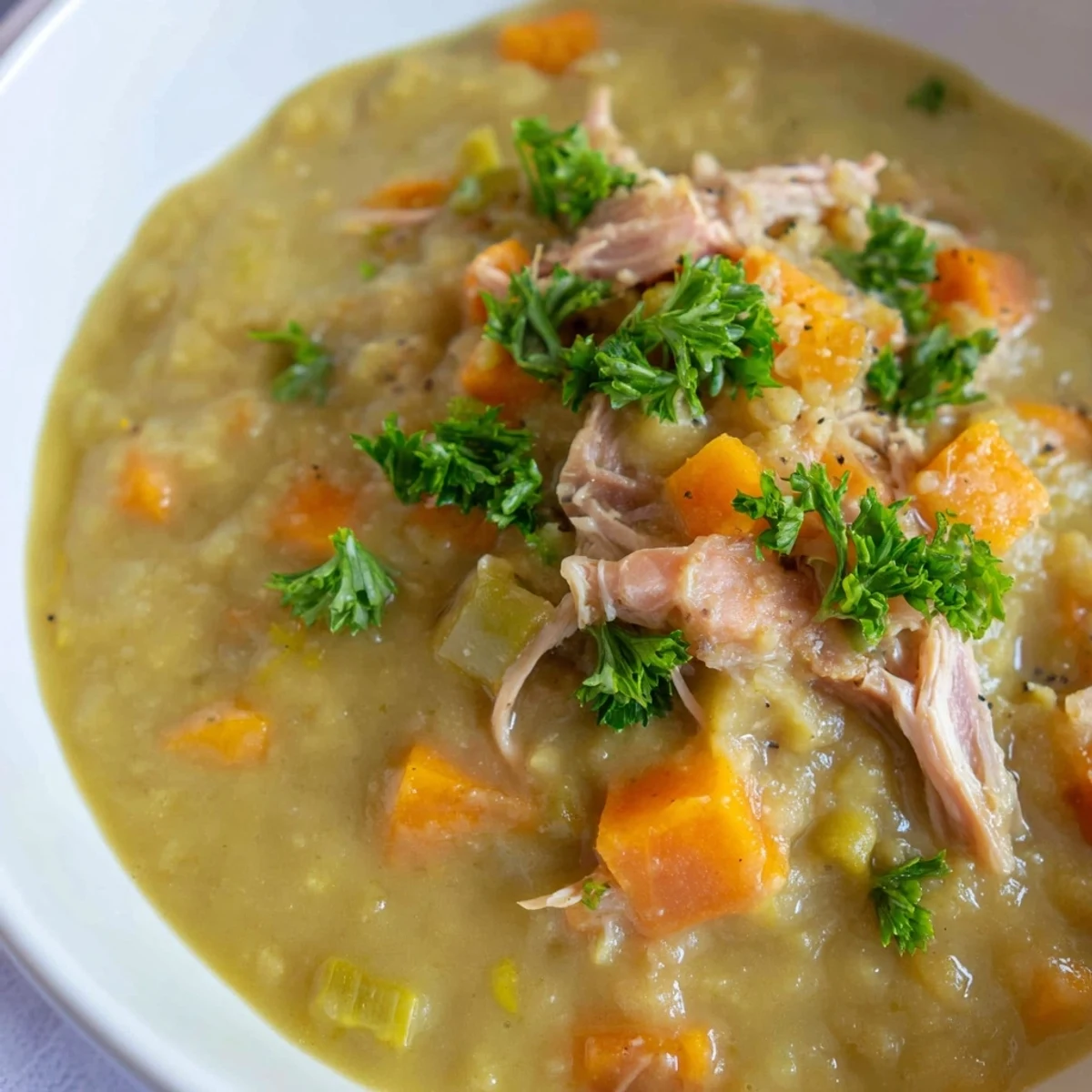 Green Split Pea Soup with Smoked Turkey Leg served in a rustic bowl with crusty bread on the side.