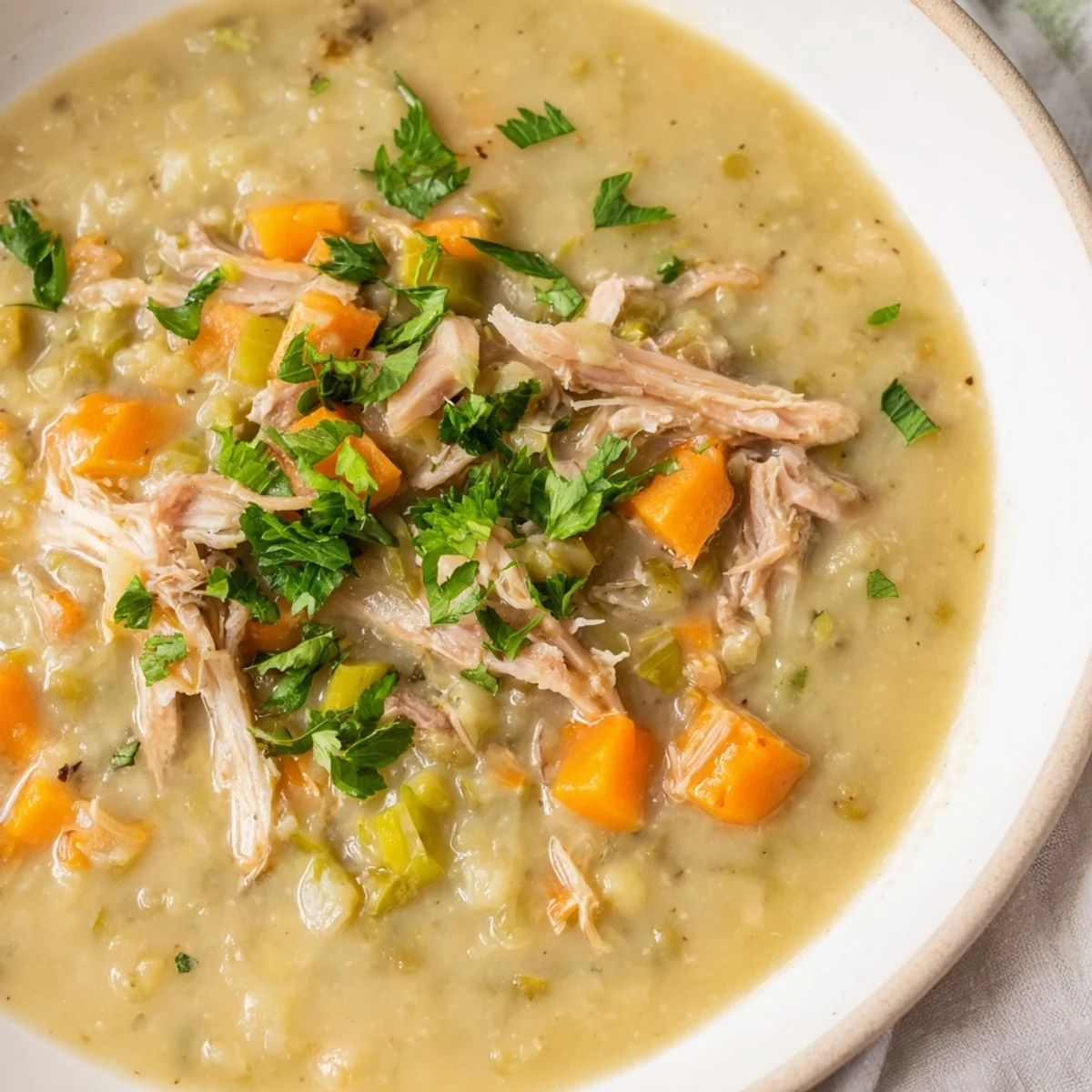 A steaming bowl of Green Split Pea Soup with Smoked Turkey Leg garnished with fresh parsley.