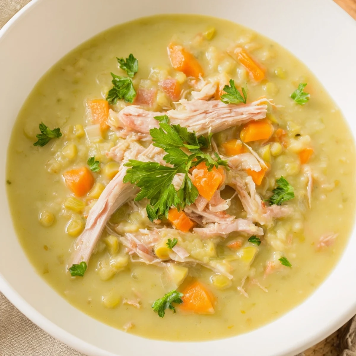 Close-up of Green Split Pea Soup with Smoked Turkey Leg, highlighting tender peas and shredded smoked meat.