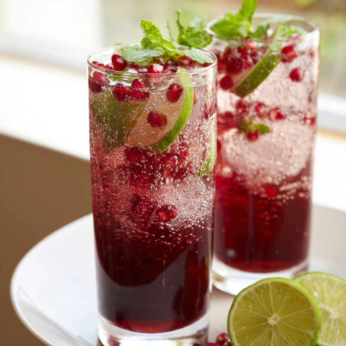 Two tall glasses of sparkling pomegranate fizz mocktail topped with juicy arils, ready to enjoy.  