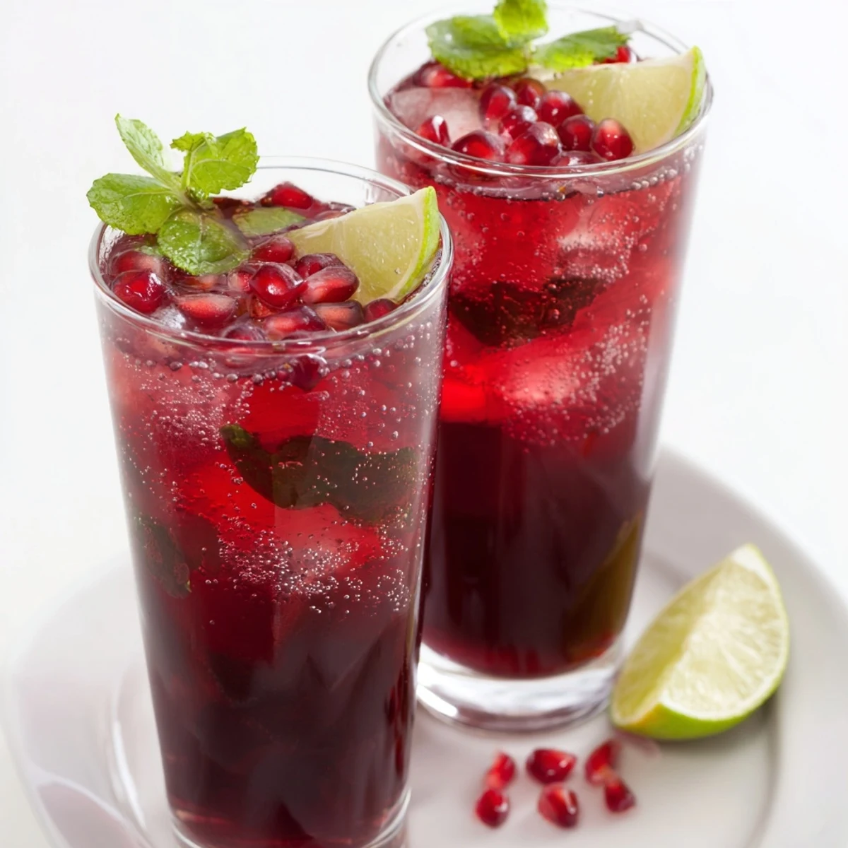 A refreshing pomegranate fizz mocktail with lime, served over ice with a bright, bubbly finish.
