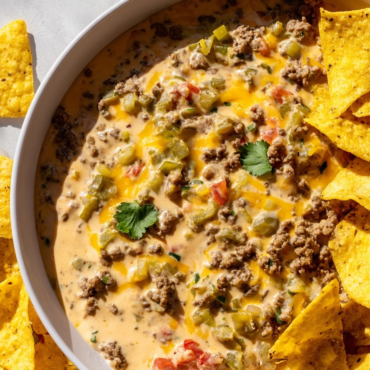 Creamy beef queso dip with seasoned ground beef and peppers, served with golden tortilla chips in a rustic bowl.