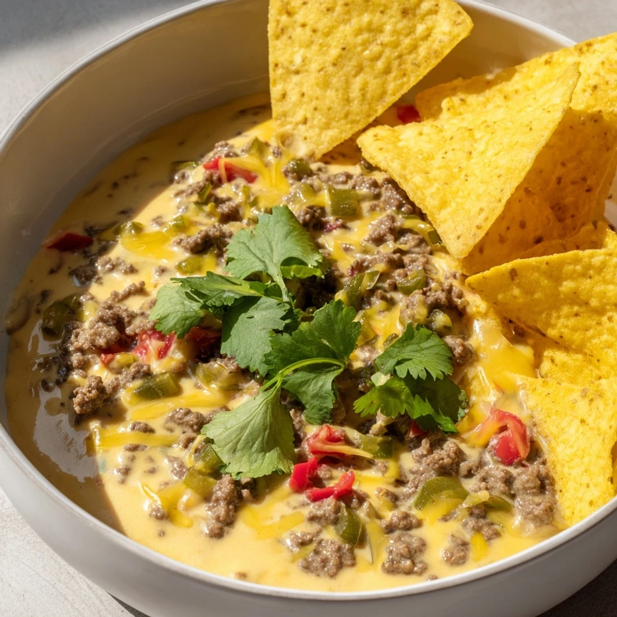 Game-day beef queso dip featuring savory ground beef, cheddar cheese, and tomatoes, scooped onto crunchy tortilla chips.