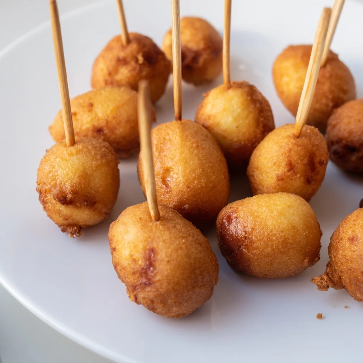 Golden-brown Mini Corn Dogs with beef franks on a white plate, perfect for game day parties.  