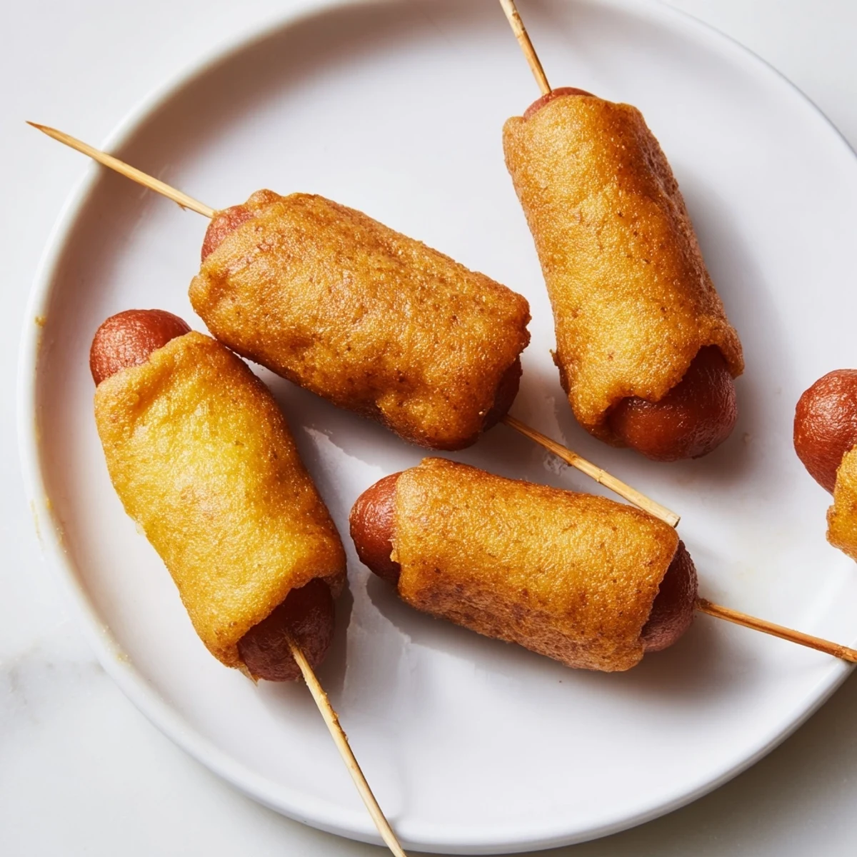 Crispy Mini Corn Dogs with beef franks served with ketchup and mustard for dipping.  