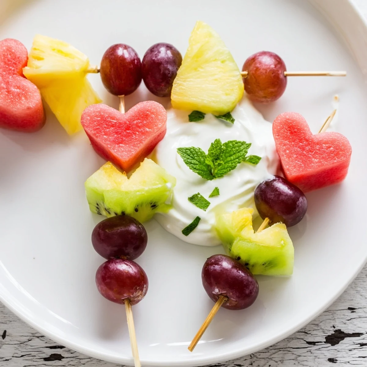 Vibrant heart-shaped fruit skewers with a creamy honey-kissed Greek yogurt dip for dipping.