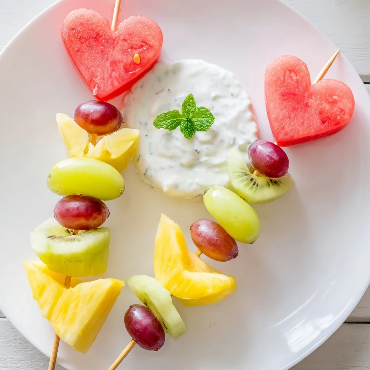 Skewers of colorful heart-cut fruits paired with a smooth vanilla-kissed yogurt dip on the side.
