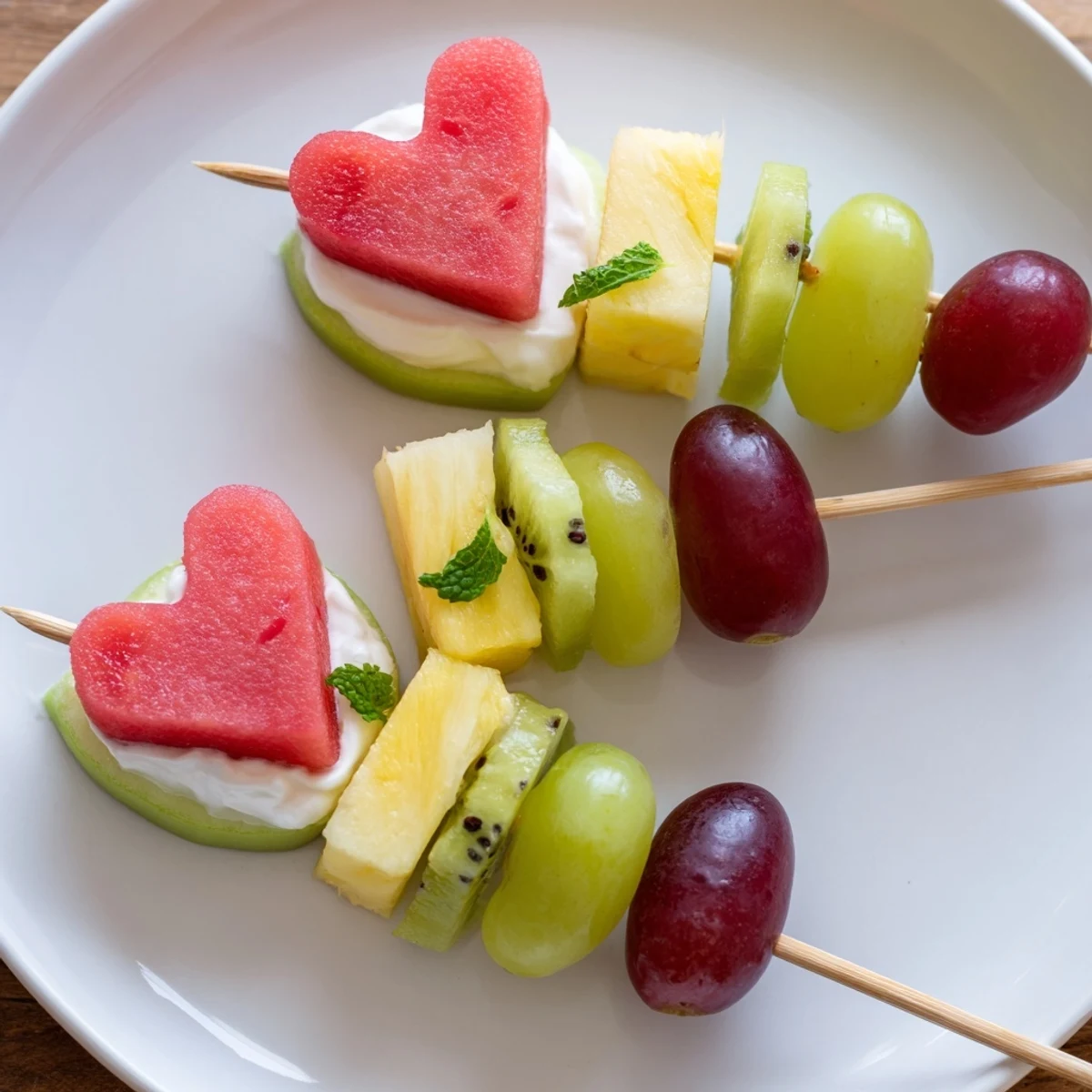 Fresh strawberries, watermelon, and pineapple hearts artfully arranged on skewers with a mint-garnished yogurt dip.