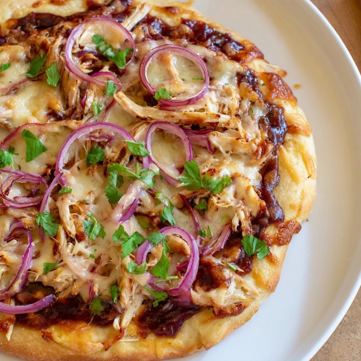 Freshly baked BBQ Chicken Pizza with Red Onion and Cilantro, featuring golden bubbly crust, melted mozzarella, and smoky BBQ drizzle.