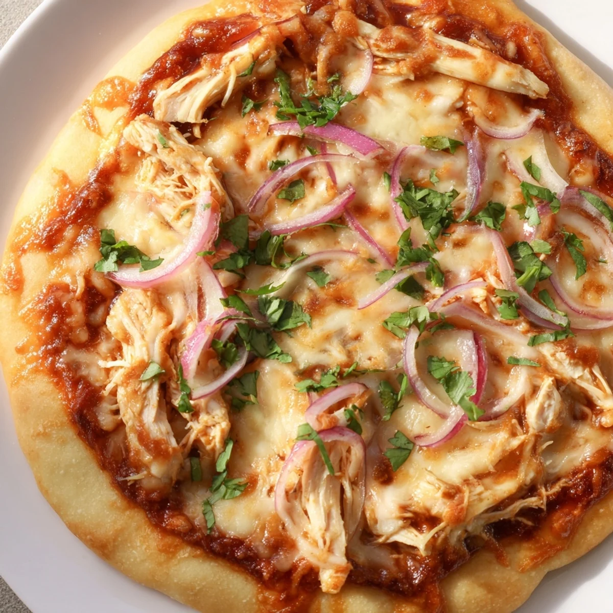 Slices of smoky BBQ Chicken Pizza with Red Onion and Cilantro, topped with tender chicken, tangy red onions, and fresh cilantro leaves.